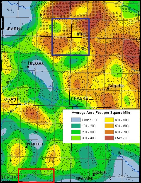 Water use density is 400 to over 700 acre-feet per mile in Four Corners area; 100-400 acre-feet per mile in SE Stevens.