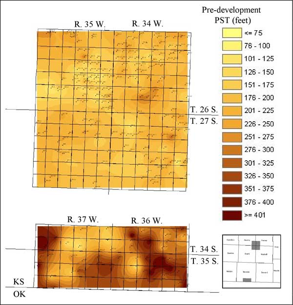 Practical saturated thickness is 150-250 feet in Four Corners; 150 to over 400 feet in SE Stevens.