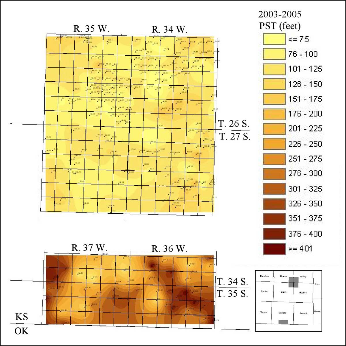 2003-2005 Practical saturated thickness is mostly less than 100 feet in Four Corners; similar to predevelopment in SE Stevens, perhaps less of the thickest color.