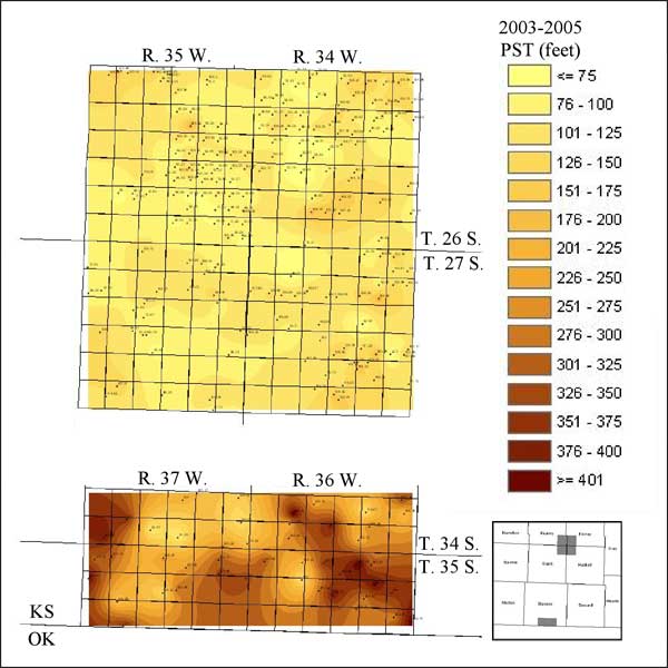 2003-2005 Practical saturated thickness is mostly less than 100 feet in Four Corners; similar to pre-development in SE Stevens, perhaps less of the thickest color.