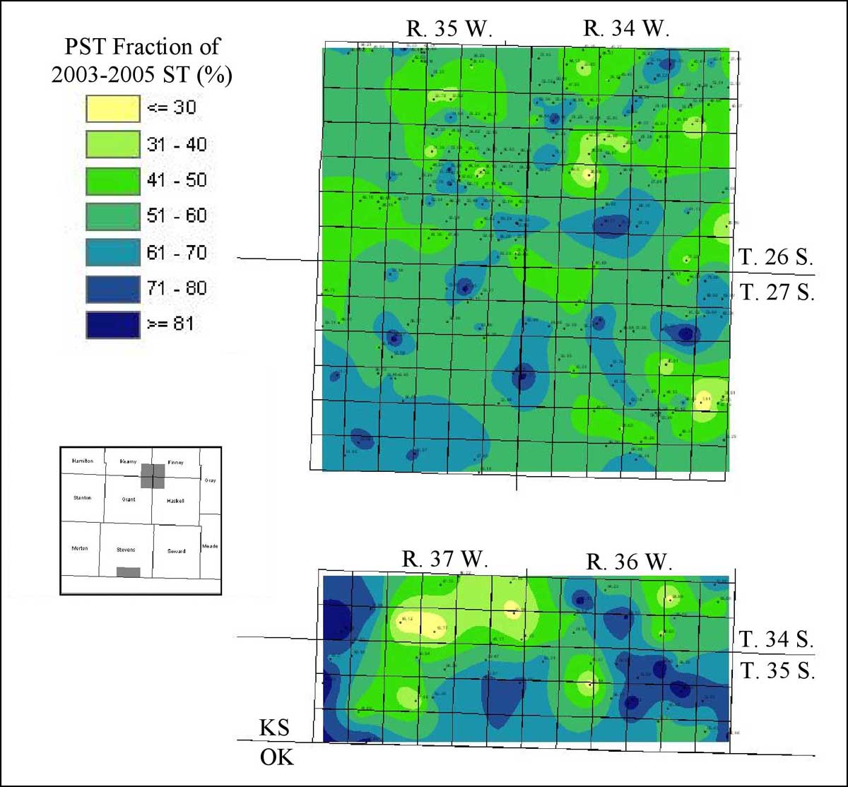 2003-2005 Fraction is mostly 30-60% in Four Corners; some in SE Stevens is less than 30, but most is 50 to 60%, similar to predevelopment.