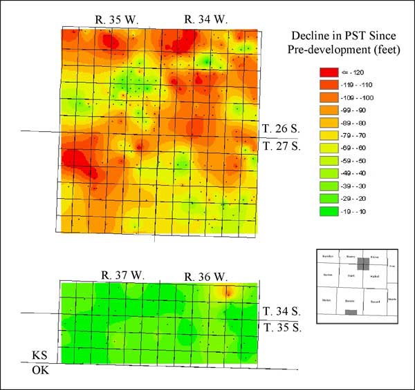 Declines are greater then 80 feet in most of Four Corners; one spot in SE Stevens is 70-90 feet, but most is less than 40 feet.