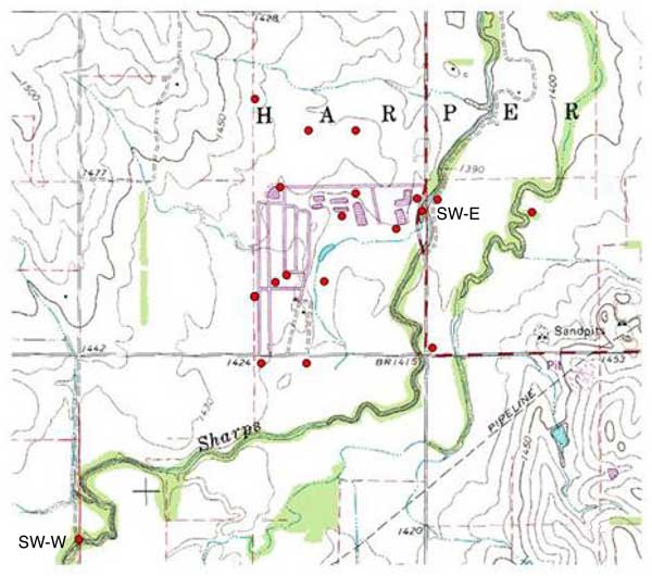 Monitoring wells surrounding feeder operation; surace water taken from Sharps Creek