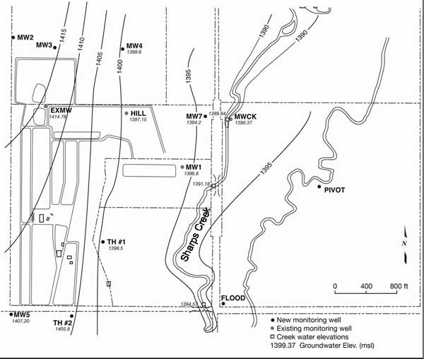 Elevation is 1415 feet in NW by MW 3; 1400 feet halfway to creek by MW 4 and TH 1; 1395 feet near creek.