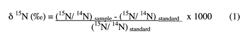 Delta 15N is the difference between the sample 15-14 ratio and the standard 15-14 ratio, all divided between the standard 15-14 ratio.