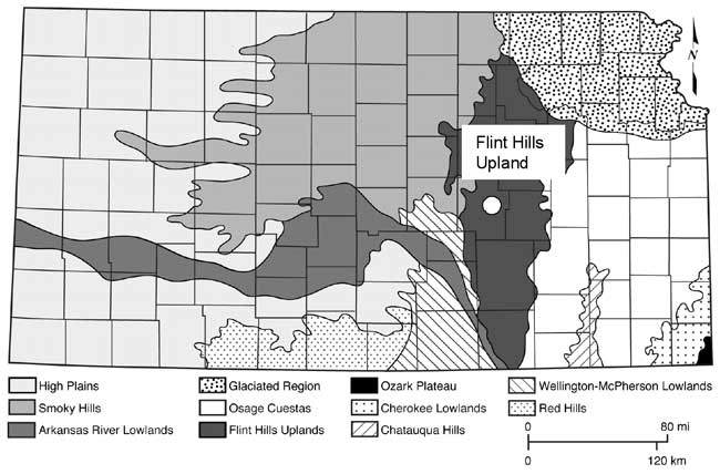 Flint Hills stretches from north to south in central part of state.