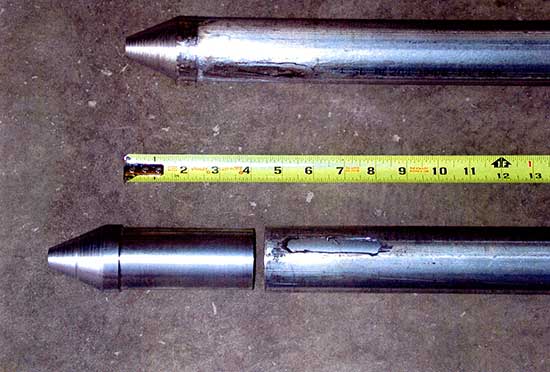 Aluminized steel pipe and solid steel point, tape measure for scale.