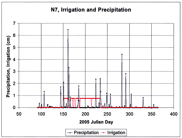 Highest precipitation events between days 150 and 300 (1 over 6 cm, 1 over 4 cm, several over 2 cm); irrigation from day 150 to around day 230, less than 1 cm per event.