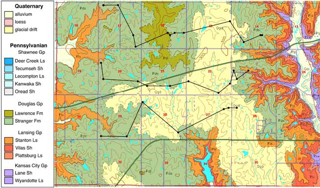 Stanton Ls, Stranger Fm, Lawrence Fm, and glacial drift are found in study area.