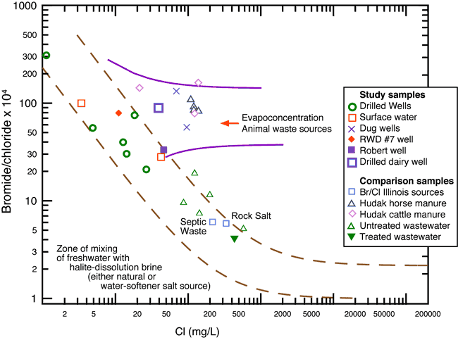 Dug wells and drilled dairy well are in path of animal waste sources; drilled wells and RWD 7 well are high in bromide/chloride ratio, lower in Cl than septic waste comparisons.