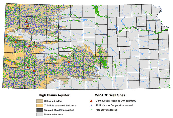Map of the High Plains aquifer extent in Kansas and WIZARD well sites.