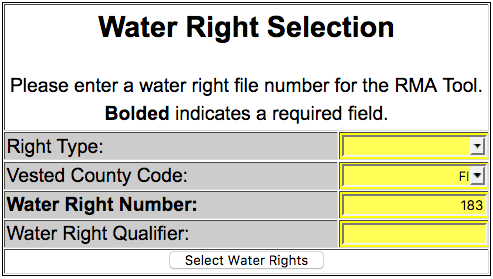 Dialog box for vested water right query.