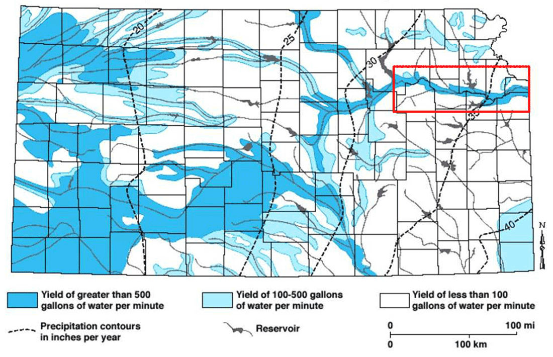 General availability of groundwater and annual precipitation in Kansas.