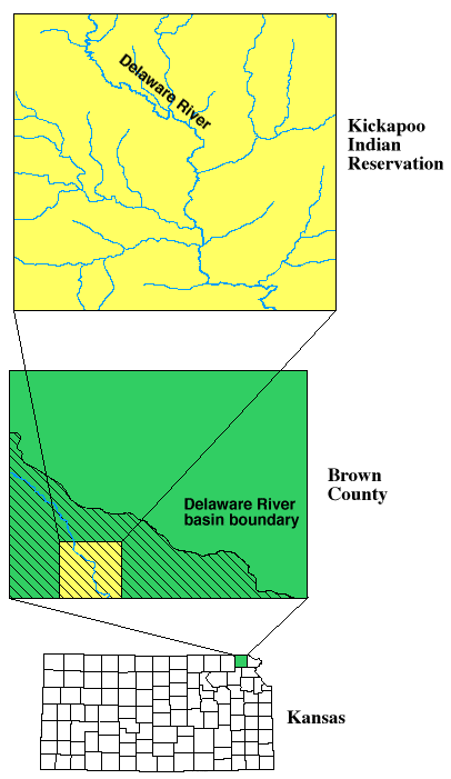 Reservation is in southwest corner of Brown Co., which is in northeast Kansas.  Delaware river runs through reservation