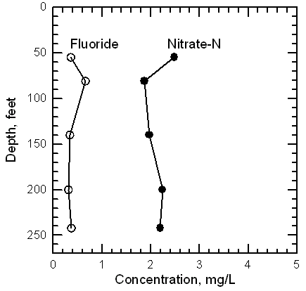 Fluoride and nitrate-nitrogen concentrations in waters pumped from the multi-level wells at the Deerfield site in 1999.