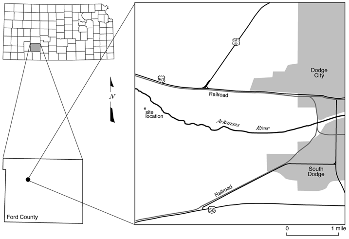 Map location of the observation well site west of Dodge City, Ford County.