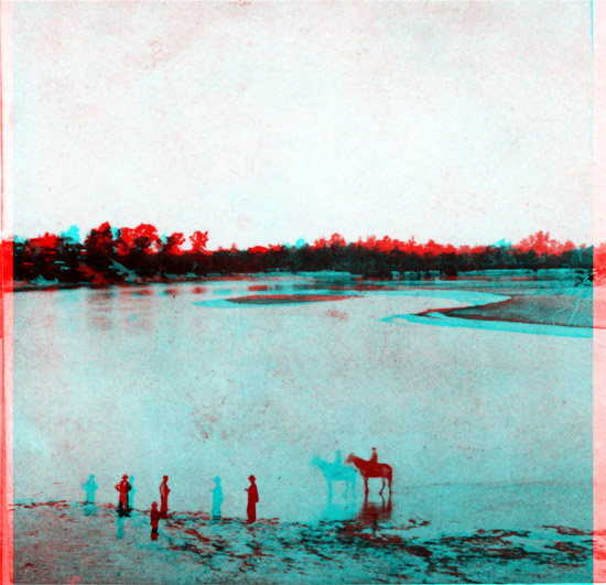 1867 Photo of Kaw at Lawrence, upstream; shallow river; horse and several people in foreground