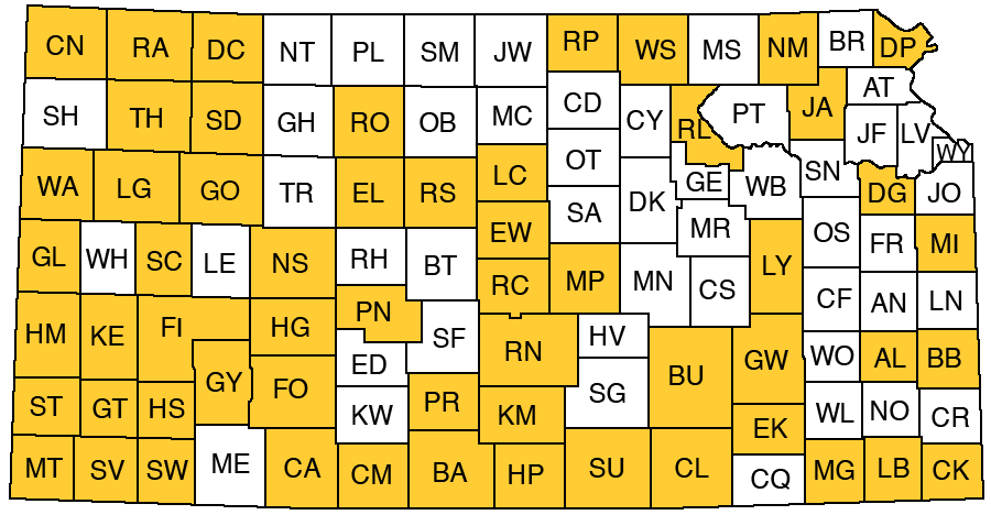 Map of Kansas showing counties where core images are available.