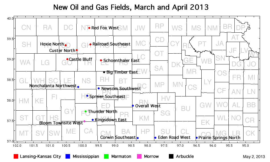 Map shows location of wells in new field discoveries, April 2013