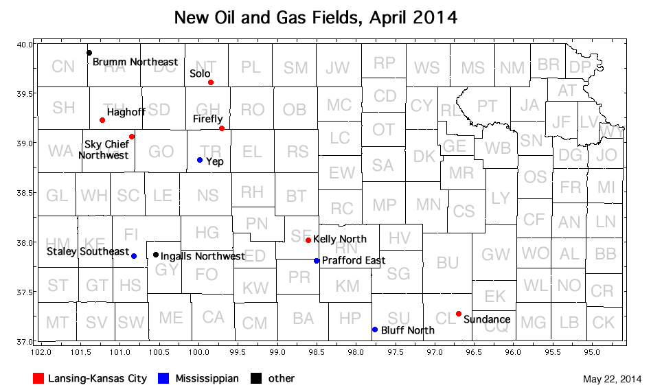 Map shows location of wells in new field discoveries, April 2014