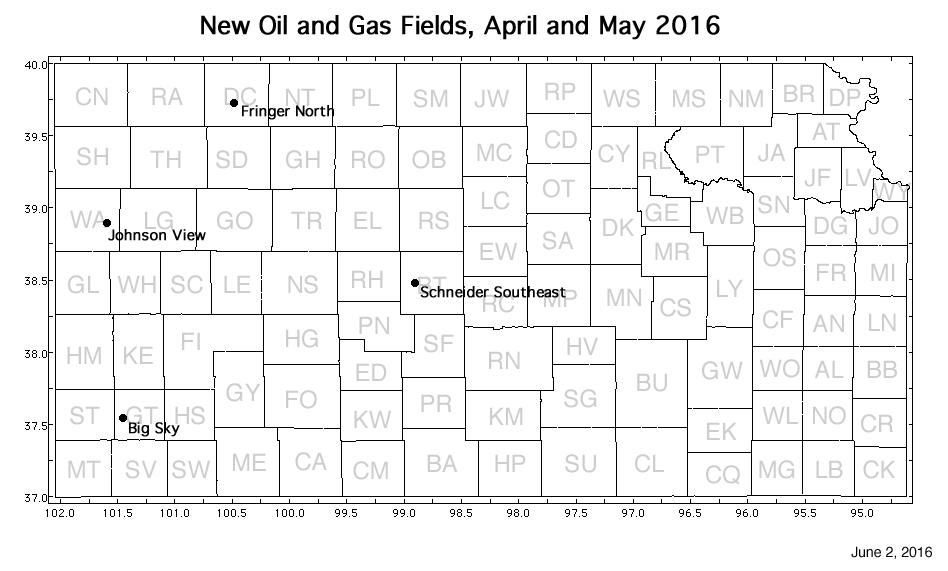 Map shows location of wells in new field discoveries, April and May 2016