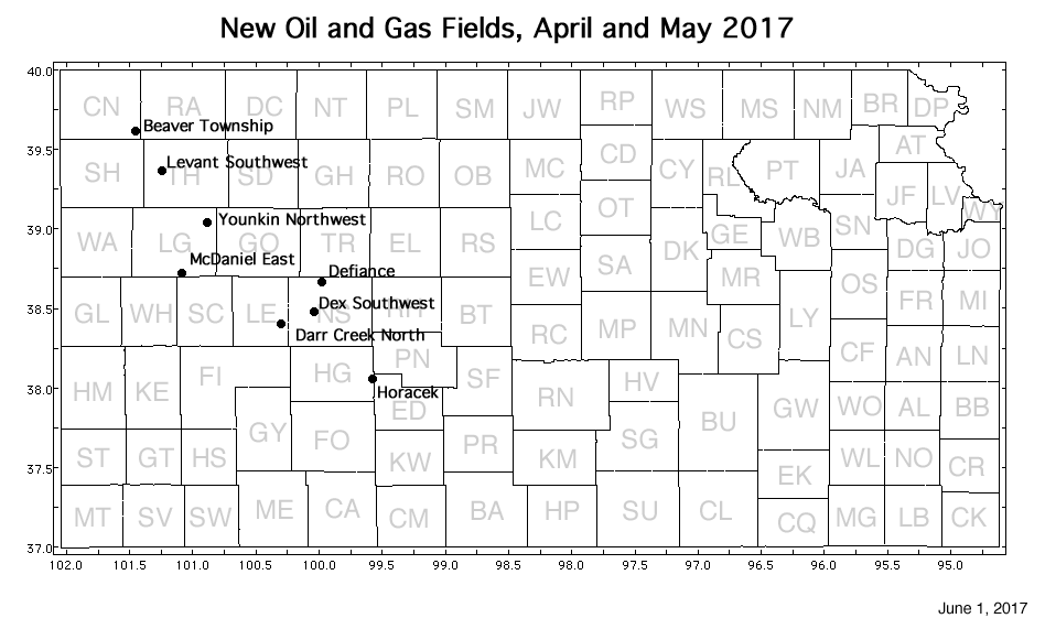 Map shows location of wells in new field discoveries, April and May 2017