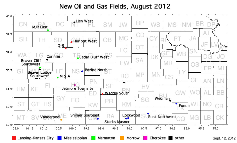Map shows location of wells in new field discoveries, August 2012