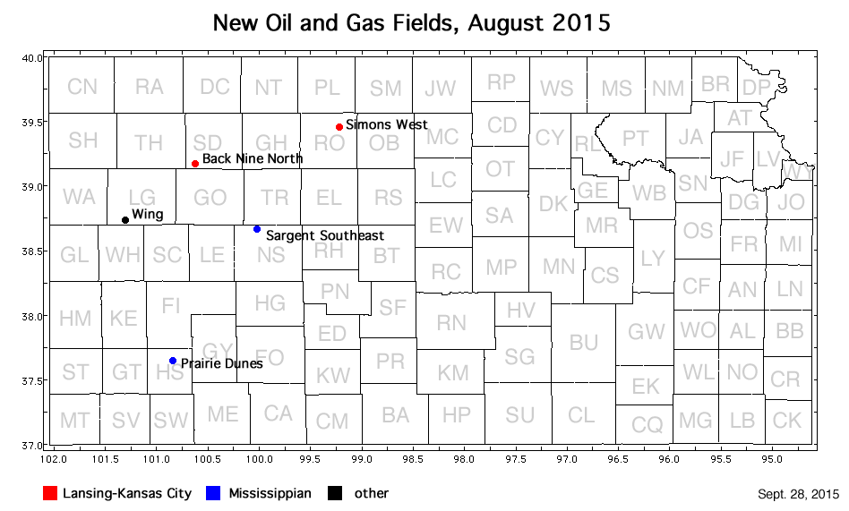 Map shows location of wells in new field discoveries, August 2015