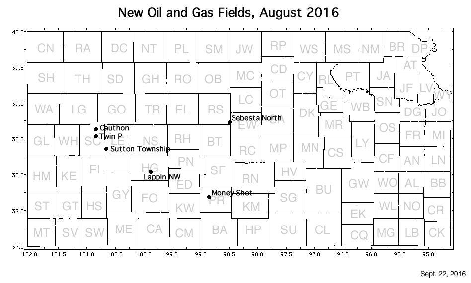 Map shows location of wells in new field discoveries, August 2016
