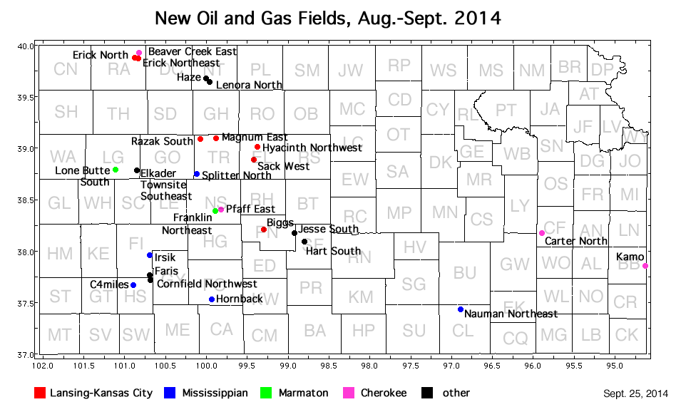 Map shows location of wells in new field discoveries, Aug.-Sept. 2014