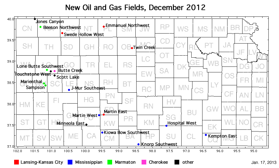 Map shows location of wells in new field discoveries, December 2012