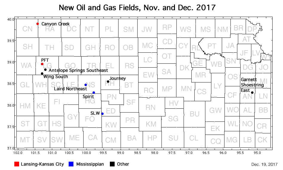 Map shows location of wells in new field discoveries, Nov. and Dec. 2017