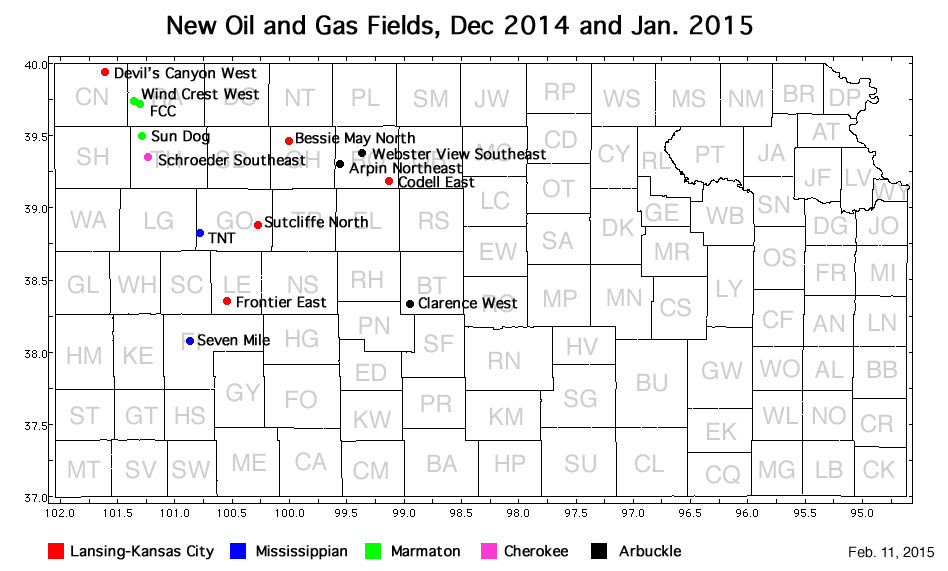 Map shows location of wells in new field discoveries, Dec. 2014 and Jan. 2015