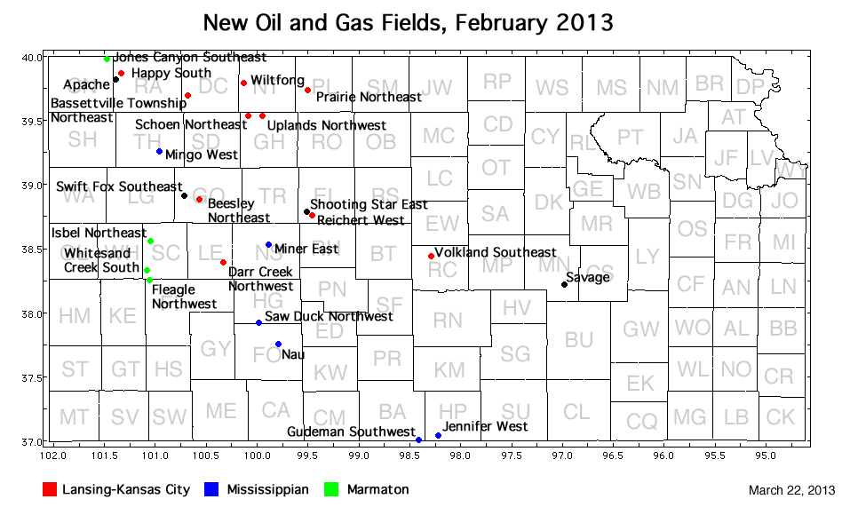 Map shows location of wells in new field discoveries, February 2013