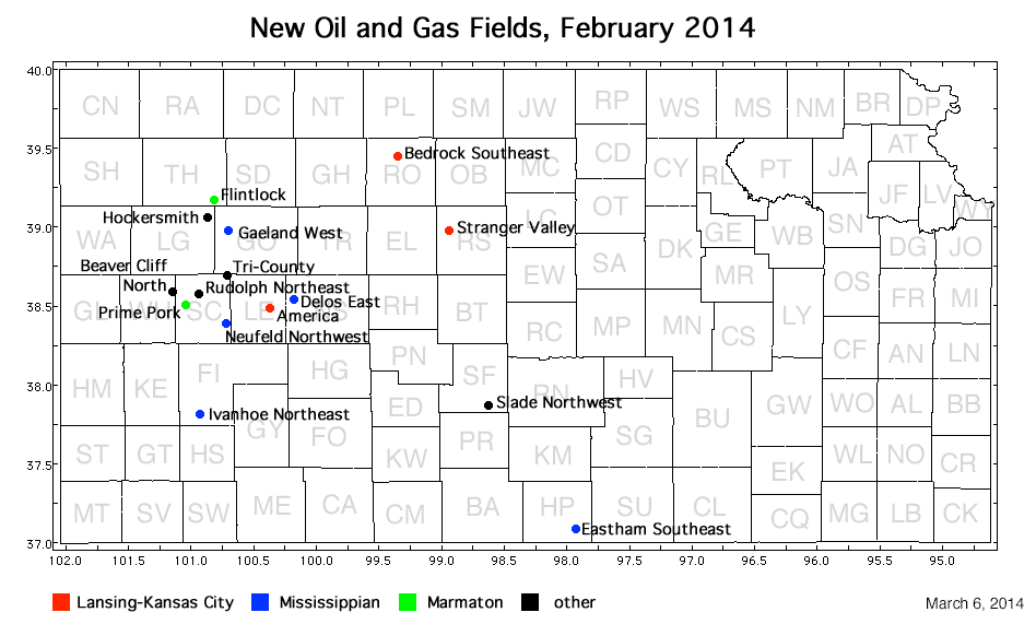Map shows location of wells in new field discoveries, Feb. 2014