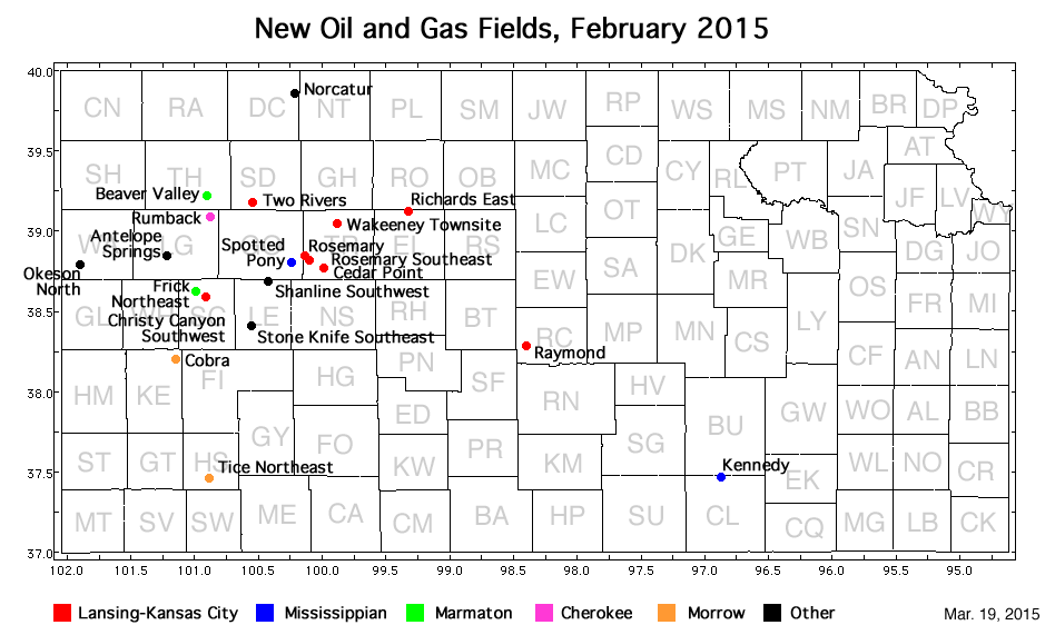 Map shows location of wells in new field discoveries, Feb. 2015