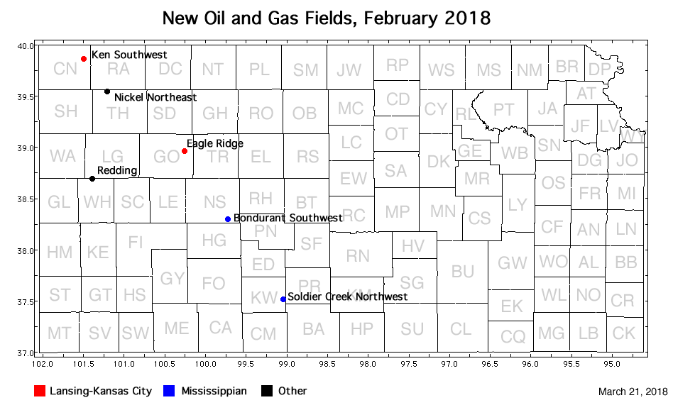 Map shows location of wells in new field discoveries, February 2018