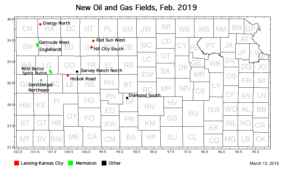 Map shows location of wells in new field discoveries, Feb. 2019