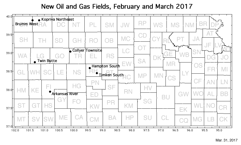 Map shows location of wells in new field discoveries, February and March 2017