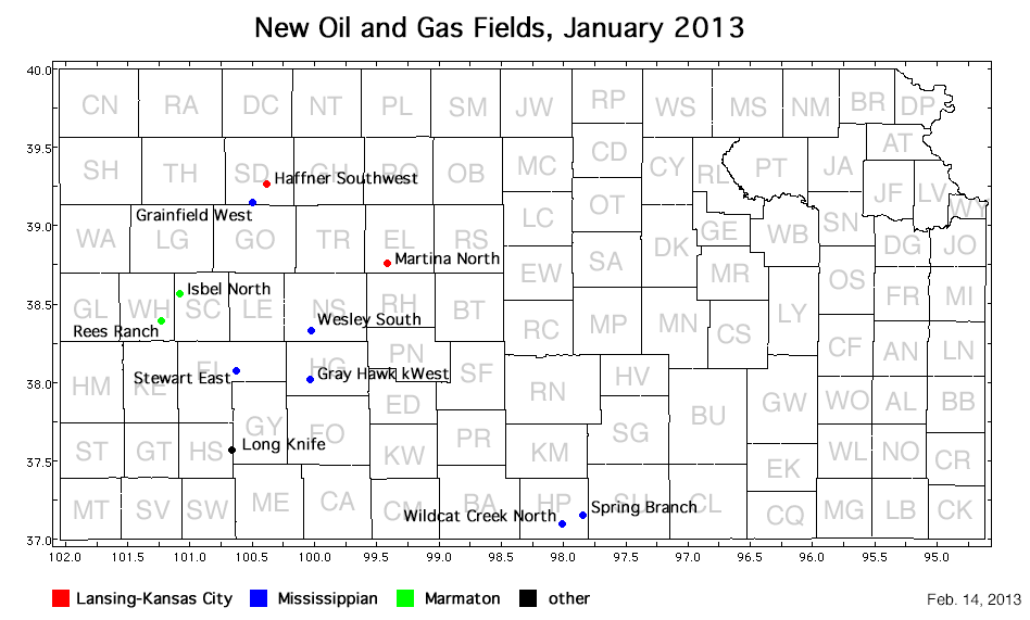 Map shows location of wells in new field discoveries, January 2013