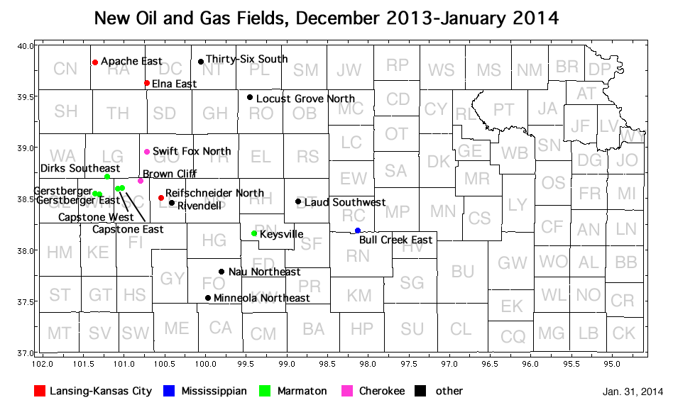 Map shows location of wells in new field discoveries, Dec. 2013 and Jan. 2014