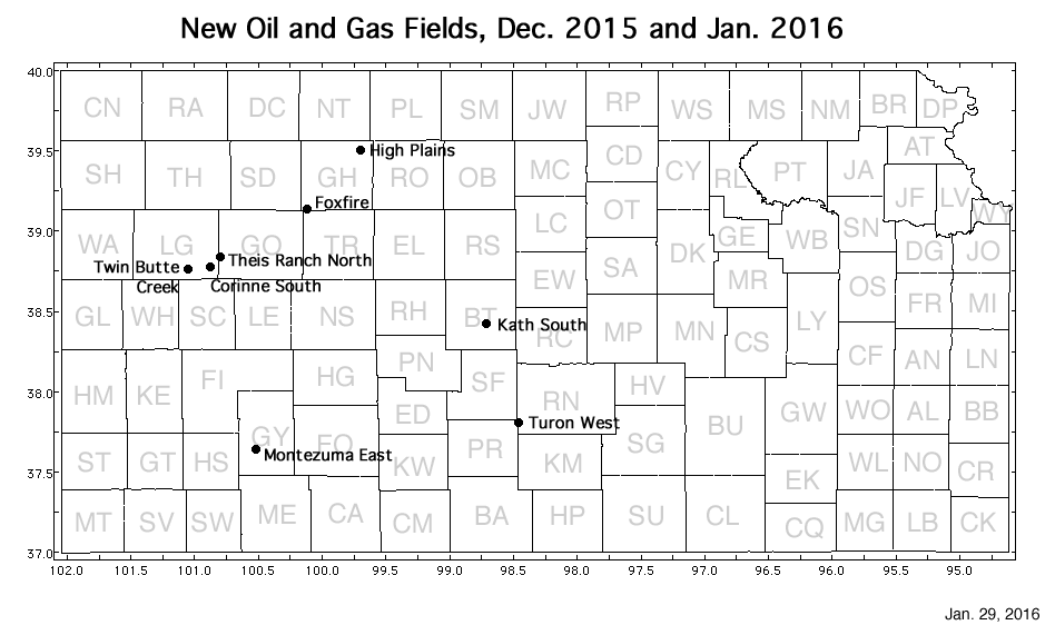 Map shows location of wells in new field discoveries, December 2015 and January 2016