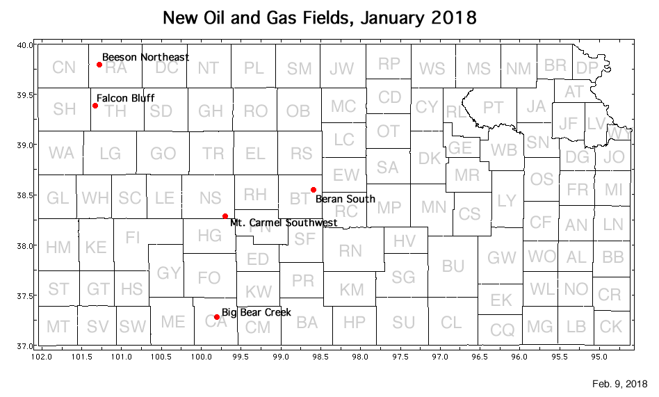 Map shows location of wells in new field discoveries, January 2018