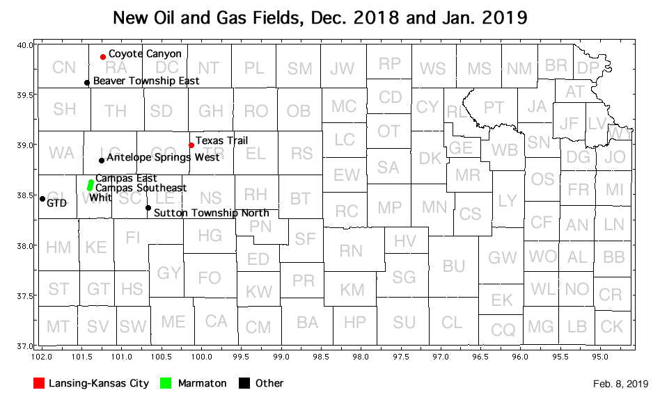Map shows location of wells in new field discoveries, Dec. 2018 and Jan. 2019