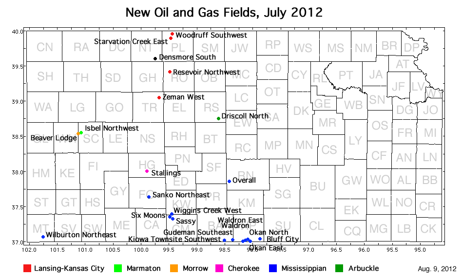 Map shows location of wells in new field discoveries, July 2012