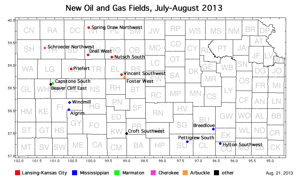 Map shows location of wells in new field discoveries, July-August 2013