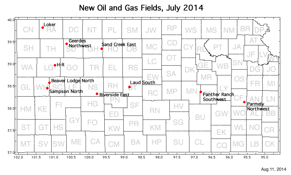 Map shows location of wells in new field discoveries, July 2014