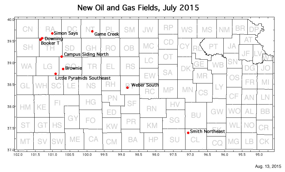 Map shows location of wells in new field discoveries, July 2015