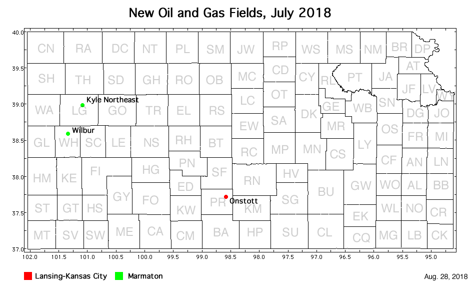 Map shows location of wells in new field discoveries, July 2018