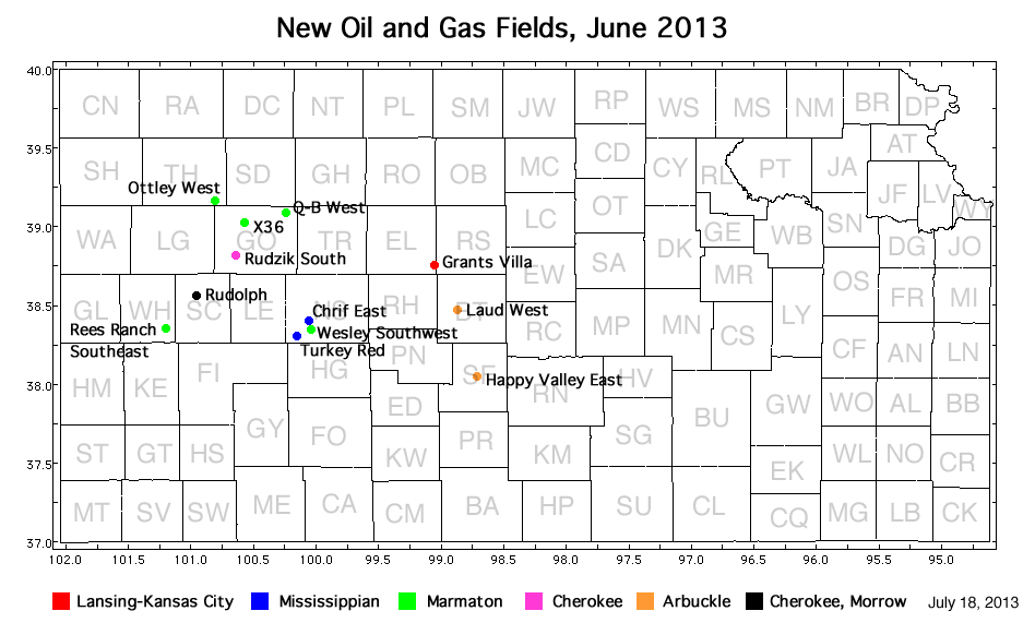 Map shows location of wells in new field discoveries, June 2013